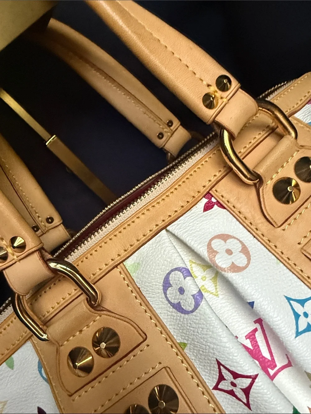 Louis Vuitton Courtney White Murakami Multicolor Monogram Satchel with Studs
